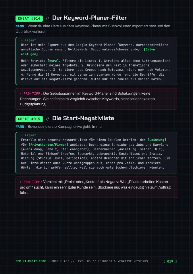 Seite 19: Keyword-Planer-Filter und Start-Negativliste