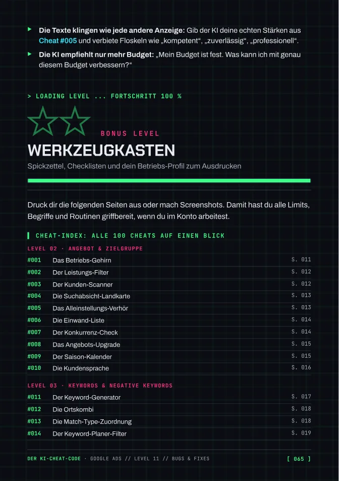 Seite 65: Werkzeugkasten mit Übersicht aller Cheats